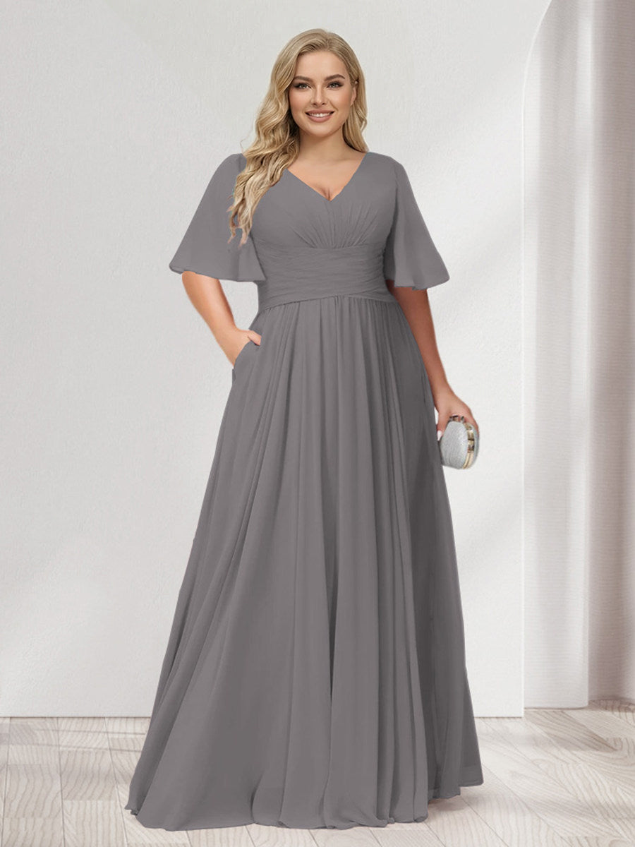 A-Line/Princess V-Neck Half Sleeves Chiffon Plus Size Bridesmaid Dresses with Pockets Silver Gray
