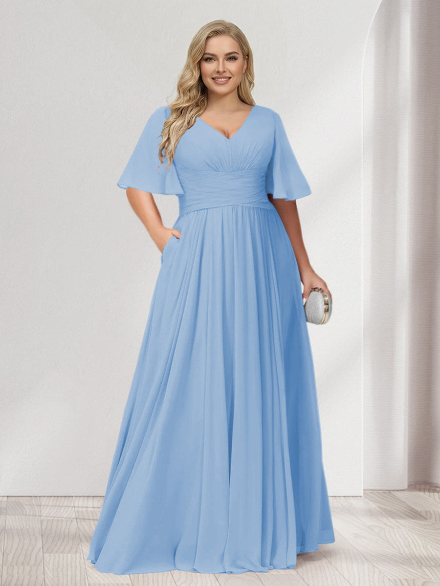 A-Line/Princess V-Neck Half Sleeves Chiffon Plus Size Bridesmaid Dresses with Pockets Sky Blue