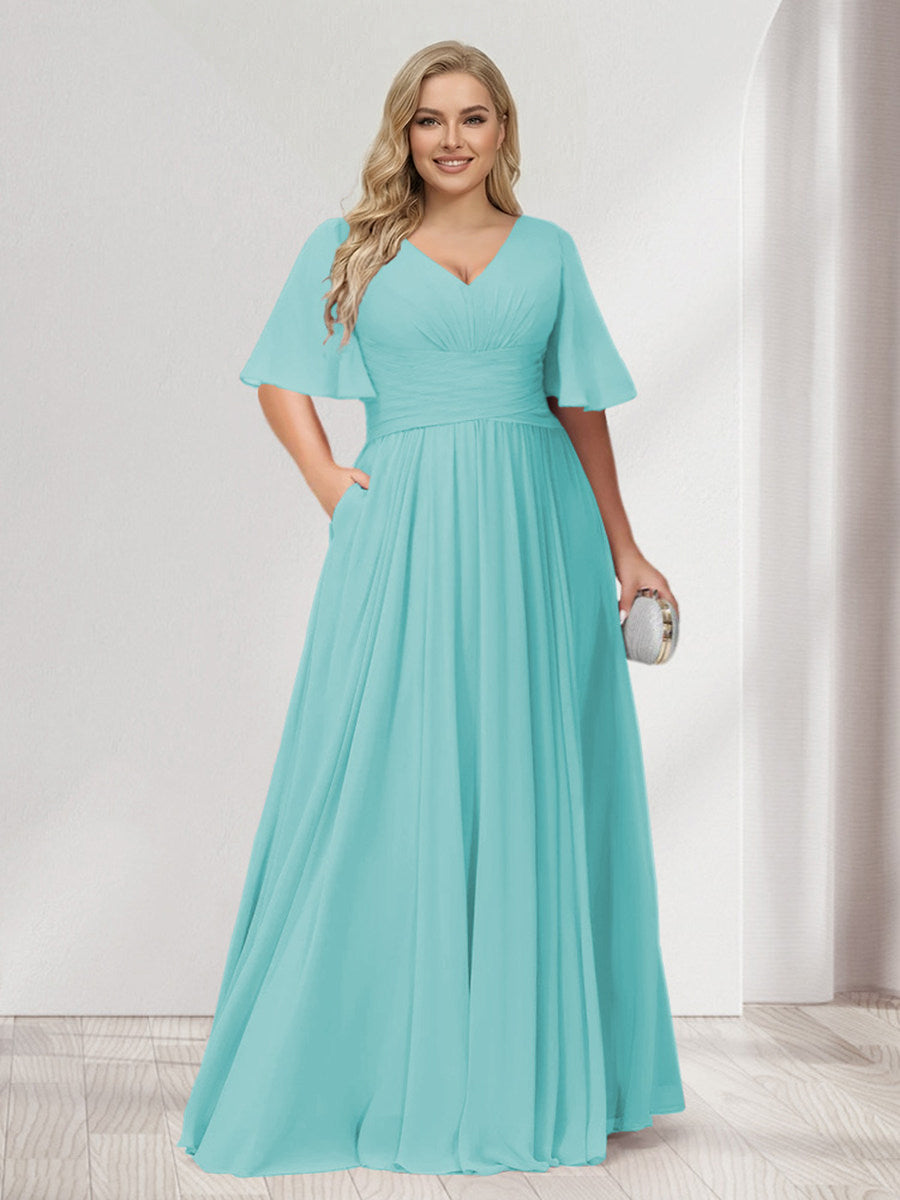 A-Line/Princess V-Neck Half Sleeves Chiffon Plus Size Bridesmaid Dresses with Pockets Spa