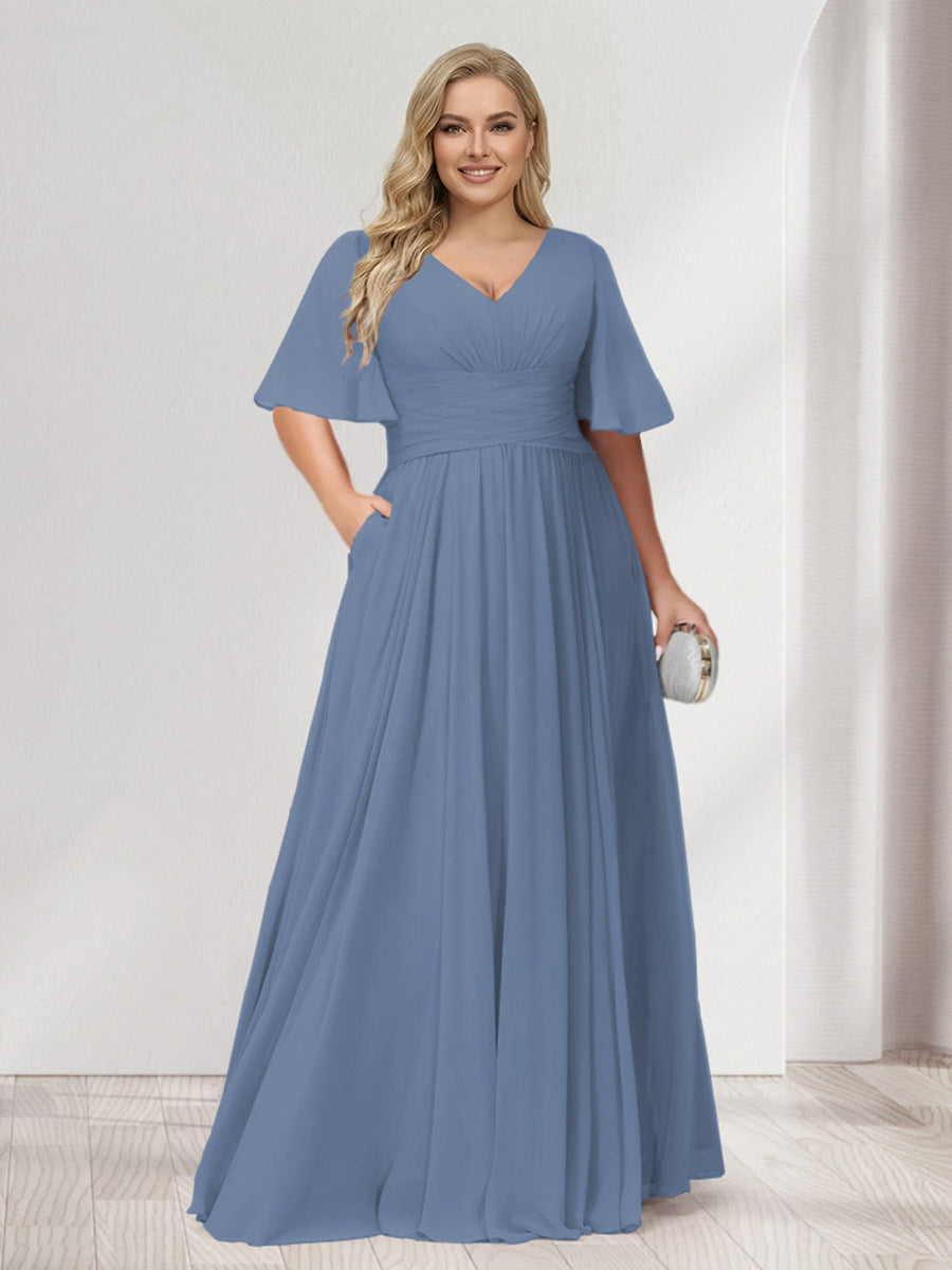 A-Line/Princess V-Neck Half Sleeves Chiffon Plus Size Bridesmaid Dresses with Pockets Steel Blue