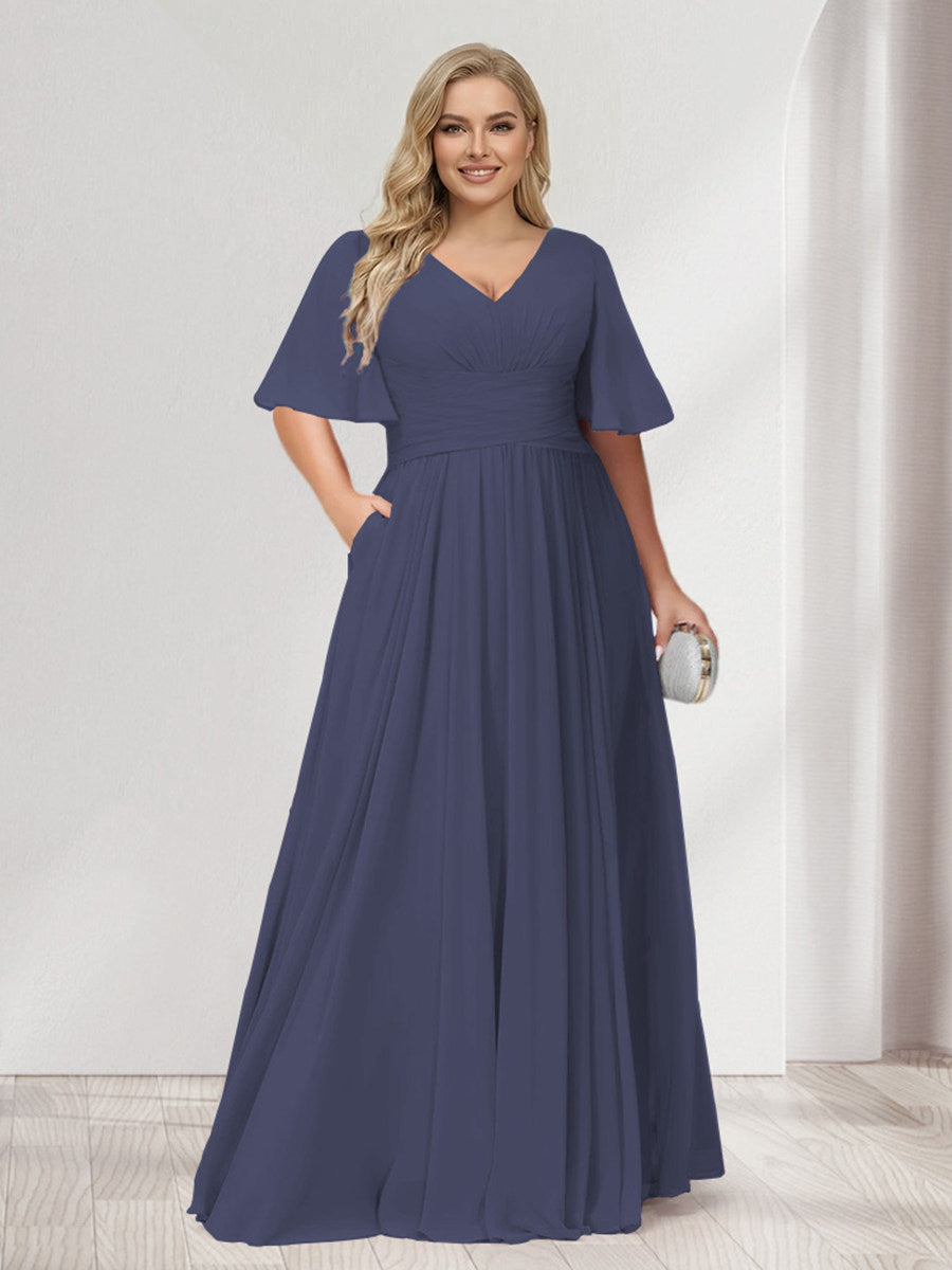 A-Line/Princess V-Neck Half Sleeves Chiffon Plus Size Bridesmaid Dresses with Pockets Stormy Blue