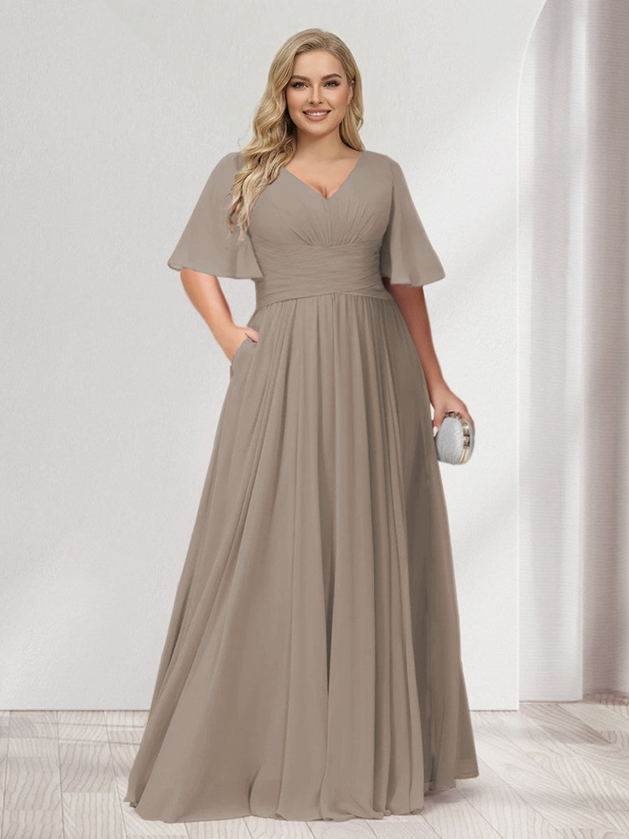 A-Line/Princess V-Neck Half Sleeves Chiffon Plus Size Bridesmaid Dresses with Pockets Taupe