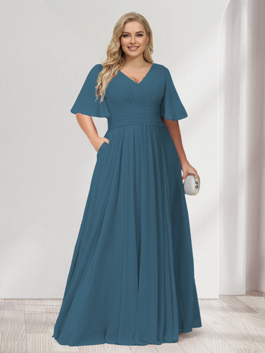 A-Line/Princess V-Neck Half Sleeves Chiffon Plus Size Bridesmaid Dresses with Pockets Teal