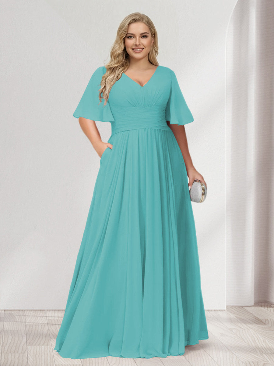 A-Line/Princess V-Neck Half Sleeves Chiffon Plus Size Bridesmaid Dresses with Pockets Turquoise