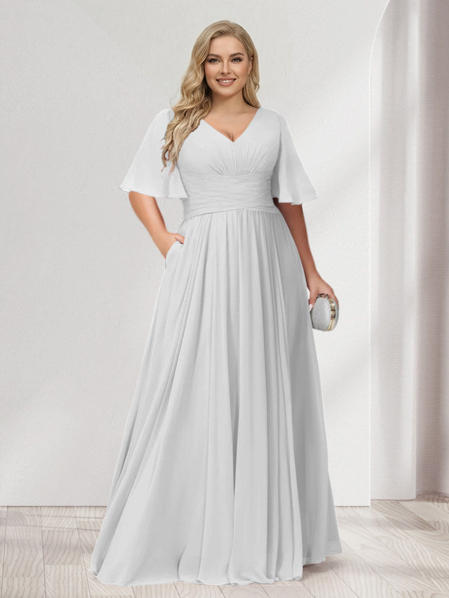 A-Line/Princess V-Neck Half Sleeves Chiffon Plus Size Bridesmaid Dresses with Pockets White
