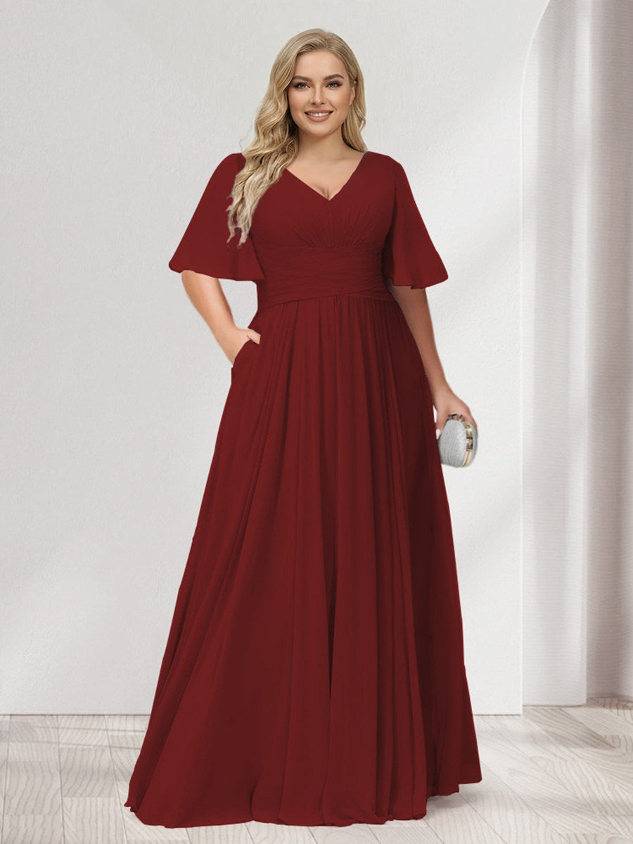 A-Line/Princess V-Neck Half Sleeves Chiffon Plus Size Bridesmaid Dresses with Pockets Wine Red