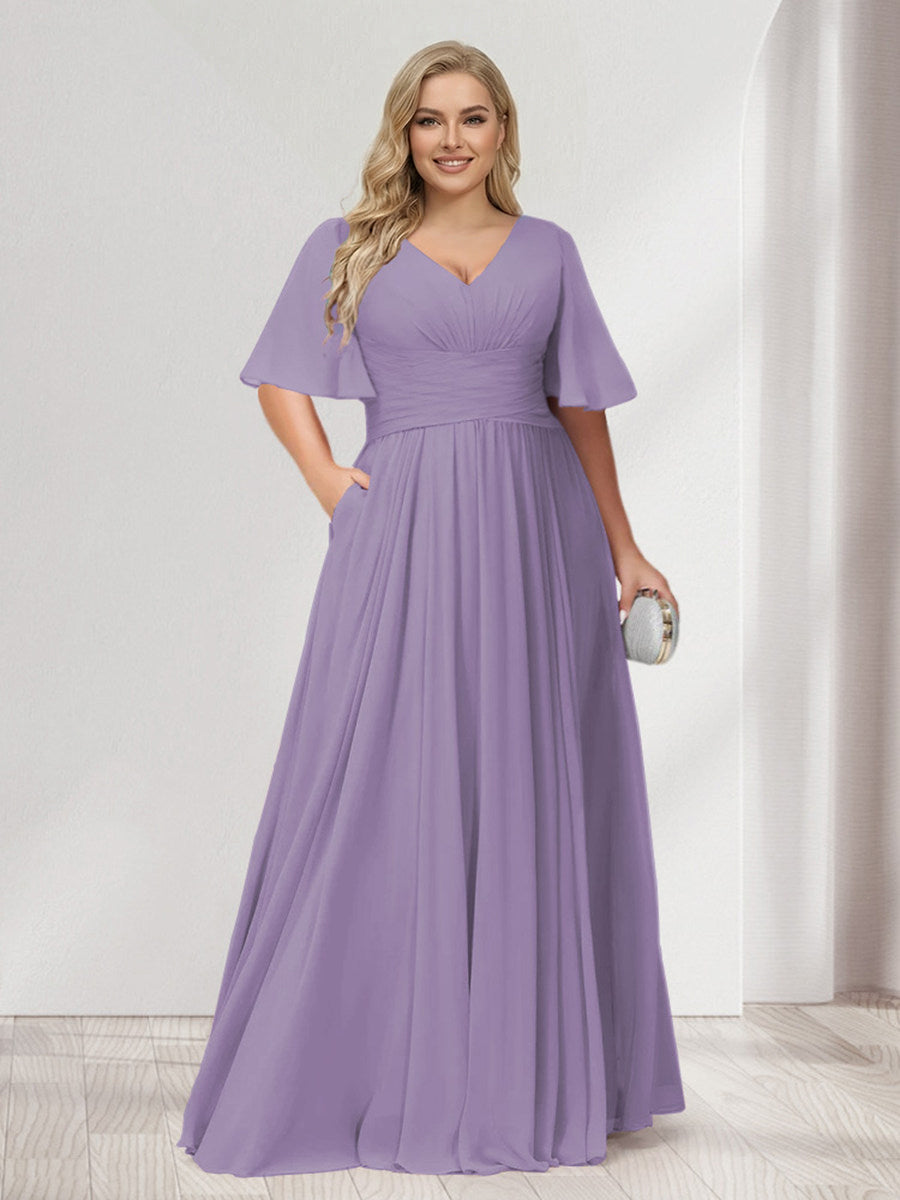 A-Line/Princess V-Neck Half Sleeves Chiffon Plus Size Bridesmaid Dresses with Pockets Wisteria