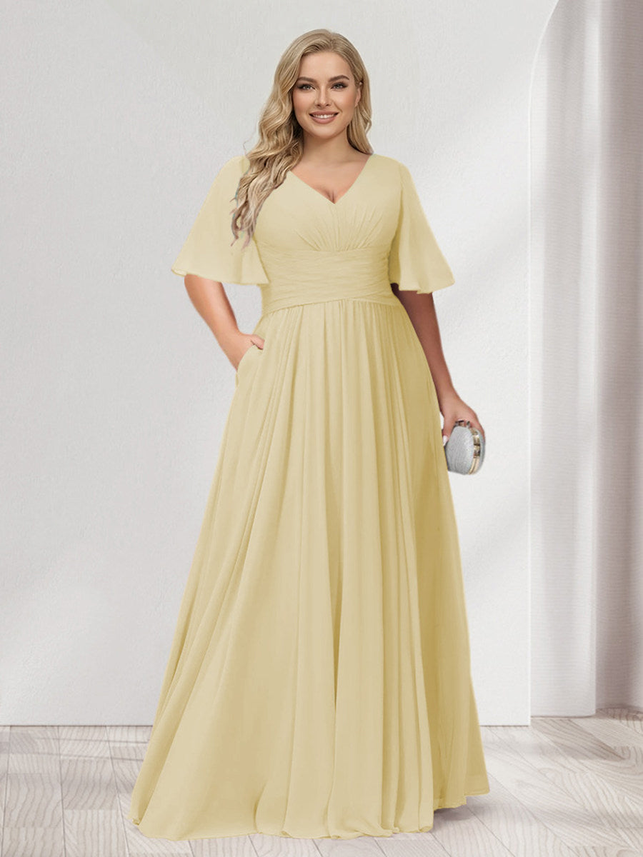 A-Line/Princess V-Neck Half Sleeves Chiffon Plus Size Bridesmaid Dresses with Pockets Yellow