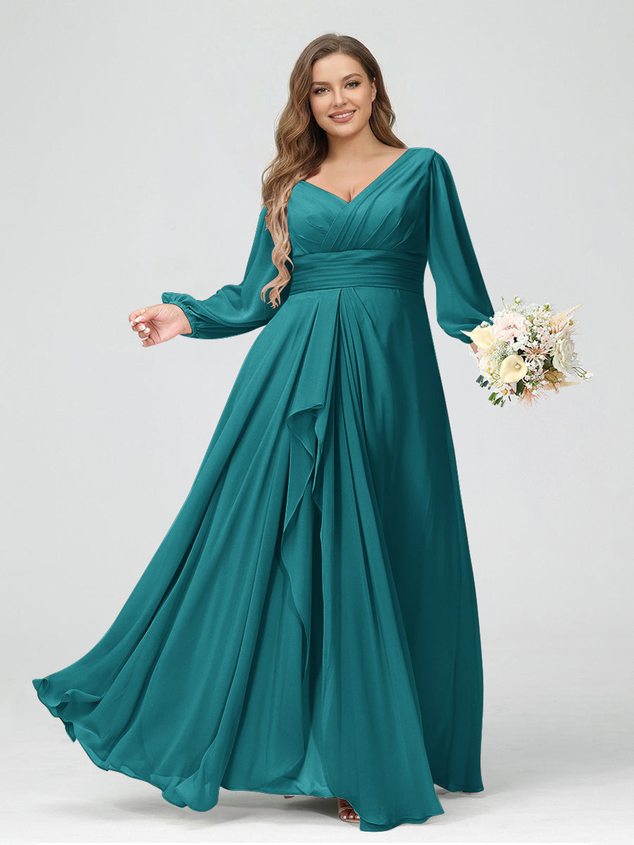 A-Line/Princess V-Neck Long Sleeves Chiffon Ruffles Plus Size Bridesmaid Dresses with Pockets Aqua Blue