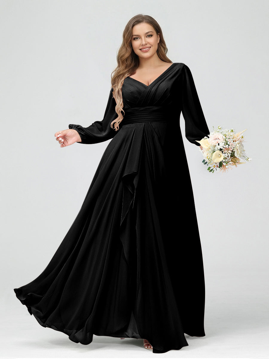 A-Line/Princess V-Neck Long Sleeves Chiffon Ruffles Plus Size Bridesmaid Dresses with Pockets Black
