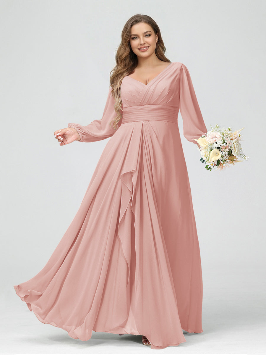 A-Line/Princess V-Neck Long Sleeves Chiffon Ruffles Plus Size Bridesmaid Dresses with Pockets Blush Pink