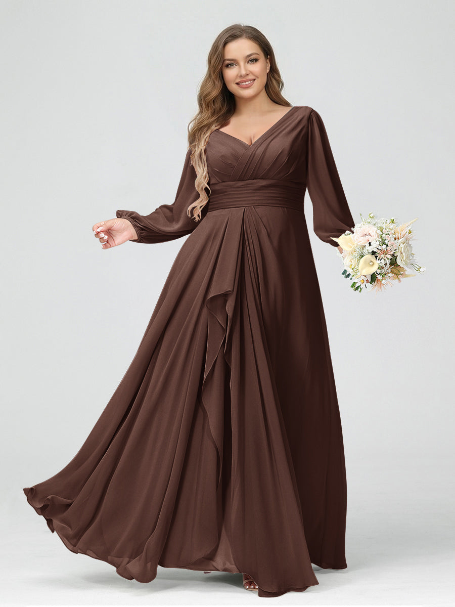 A-Line/Princess V-Neck Long Sleeves Chiffon Ruffles Plus Size Bridesmaid Dresses with Pockets Brown