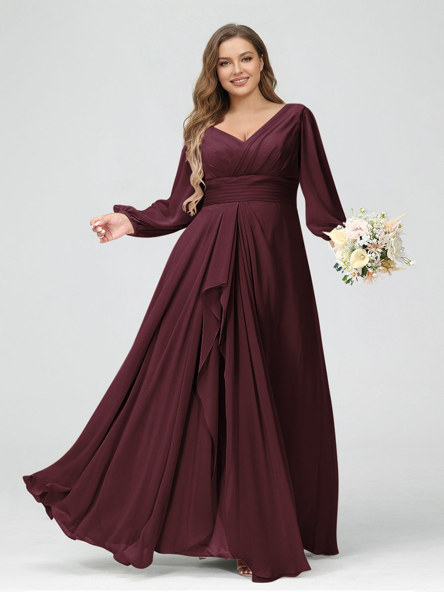 A-Line/Princess V-Neck Long Sleeves Chiffon Ruffles Plus Size Bridesmaid Dresses with Pockets Burgundy