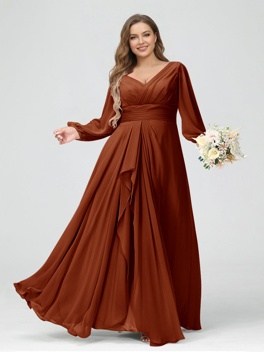 A-Line/Princess V-Neck Long Sleeves Chiffon Ruffles Plus Size Bridesmaid Dresses with Pockets Burnt Orange