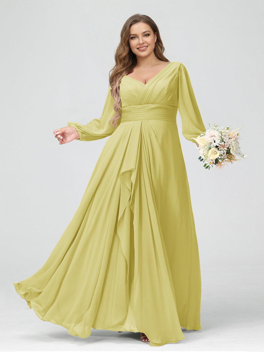 A-Line/Princess V-Neck Long Sleeves Chiffon Ruffles Plus Size Bridesmaid Dresses with Pockets Canary