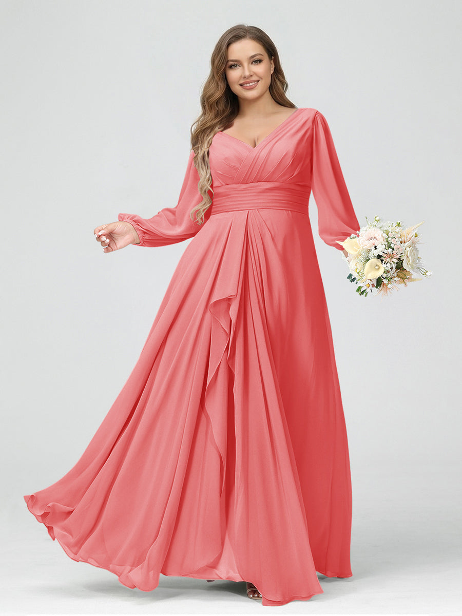 A-Line/Princess V-Neck Long Sleeves Chiffon Ruffles Plus Size Bridesmaid Dresses with Pockets Coral