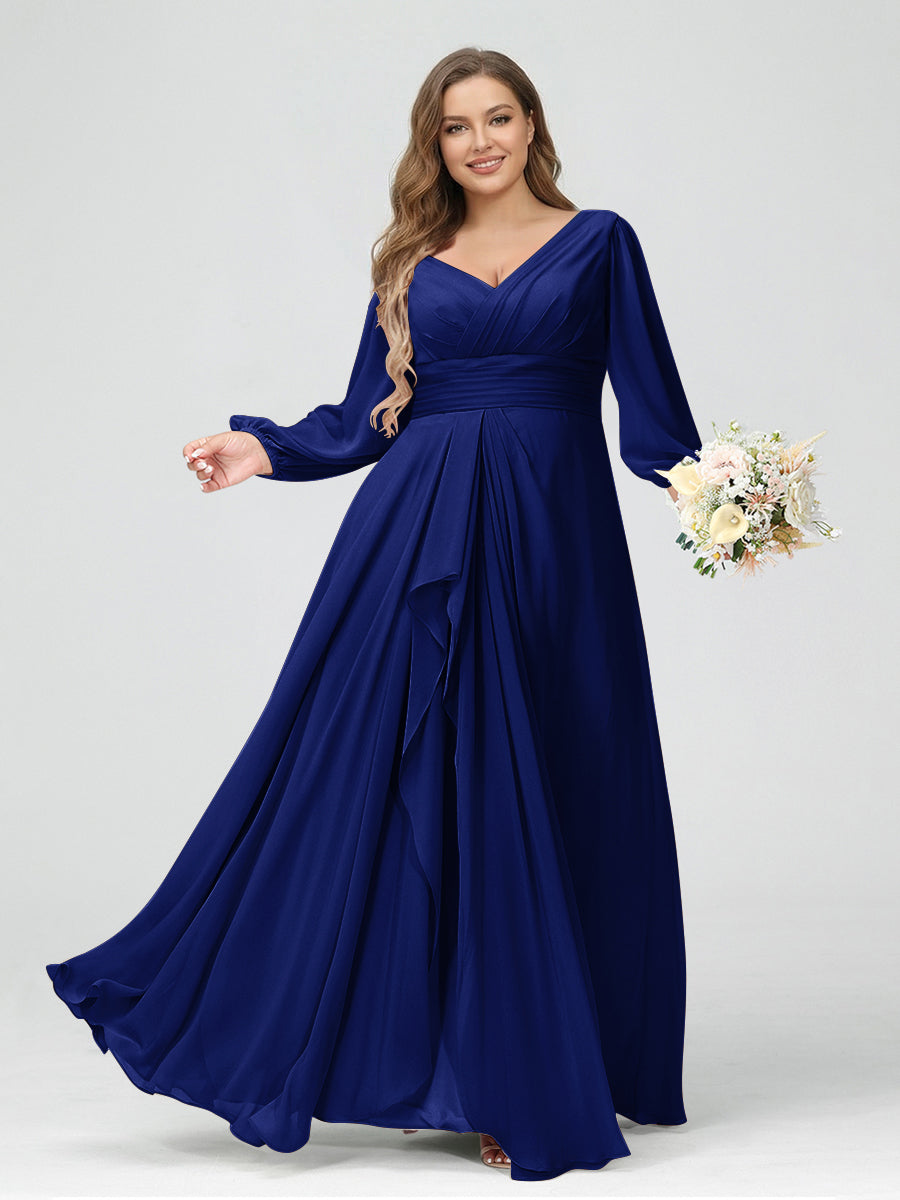 A-Line/Princess V-Neck Long Sleeves Chiffon Ruffles Plus Size Bridesmaid Dresses with Pockets Dark Royal Blue