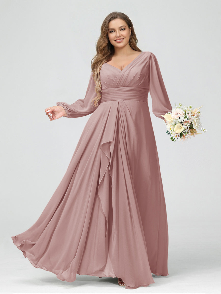 A-Line/Princess V-Neck Long Sleeves Chiffon Ruffles Plus Size Bridesmaid Dresses with Pockets Dusty Pink