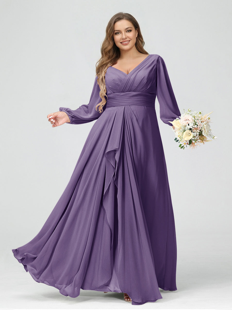A-Line/Princess V-Neck Long Sleeves Chiffon Ruffles Plus Size Bridesmaid Dresses with Pockets Dusty Purple