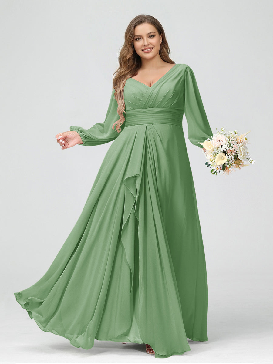 A-Line/Princess V-Neck Long Sleeves Chiffon Ruffles Plus Size Bridesmaid Dresses with Pockets Dusty Sage