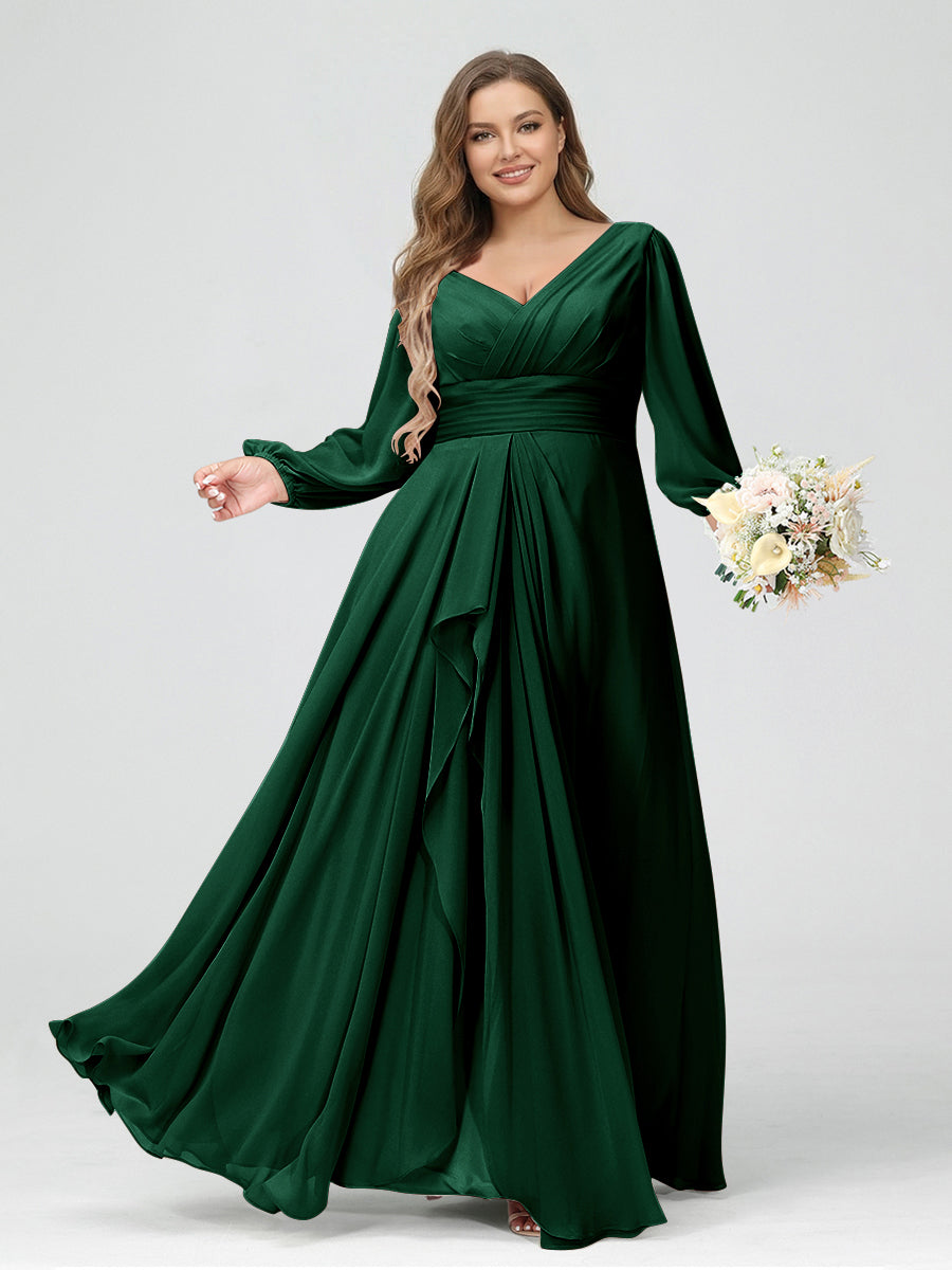 A-Line/Princess V-Neck Long Sleeves Chiffon Ruffles Plus Size Bridesmaid Dresses with Pockets Emerald