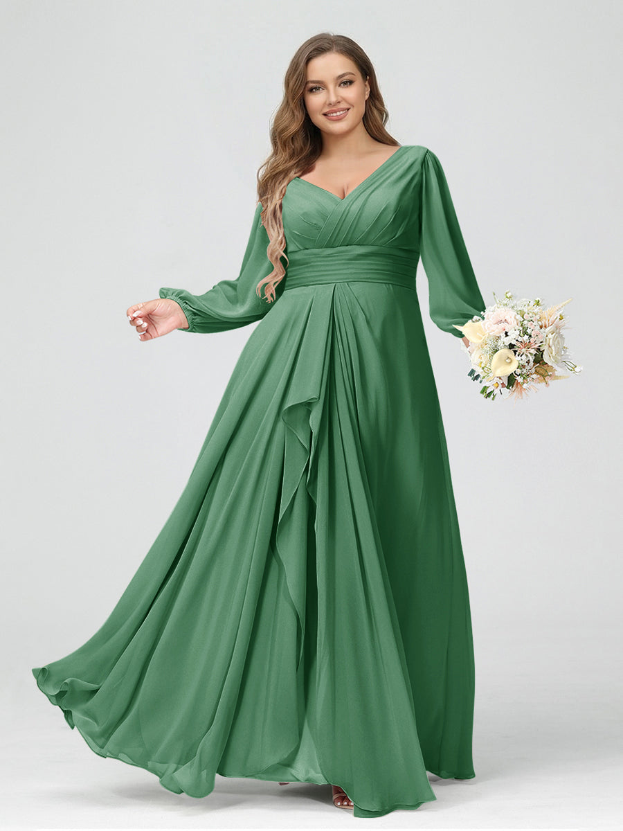 A-Line/Princess V-Neck Long Sleeves Chiffon Ruffles Plus Size Bridesmaid Dresses with Pockets Eucalyptus