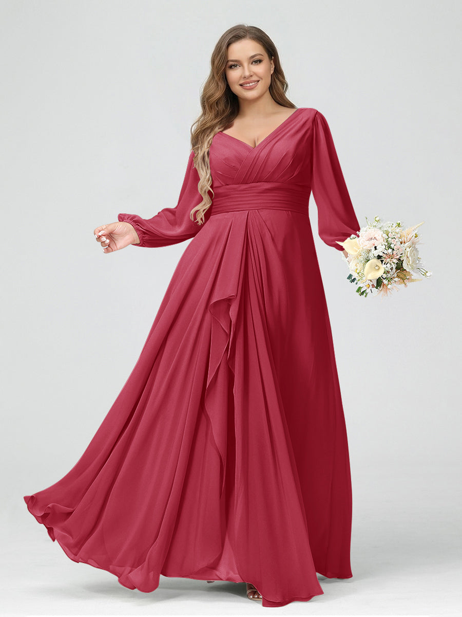 A-Line/Princess V-Neck Long Sleeves Chiffon Ruffles Plus Size Bridesmaid Dresses with Pockets Fuchsia Pink