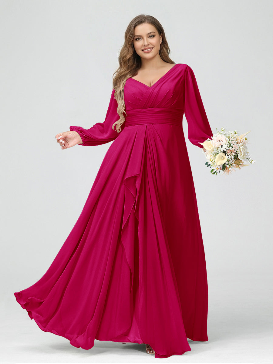 A-Line/Princess V-Neck Long Sleeves Chiffon Ruffles Plus Size Bridesmaid Dresses with Pockets Fuchsia