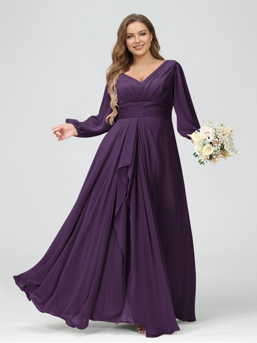 A-Line/Princess V-Neck Long Sleeves Chiffon Ruffles Plus Size Bridesmaid Dresses with Pockets Grape
