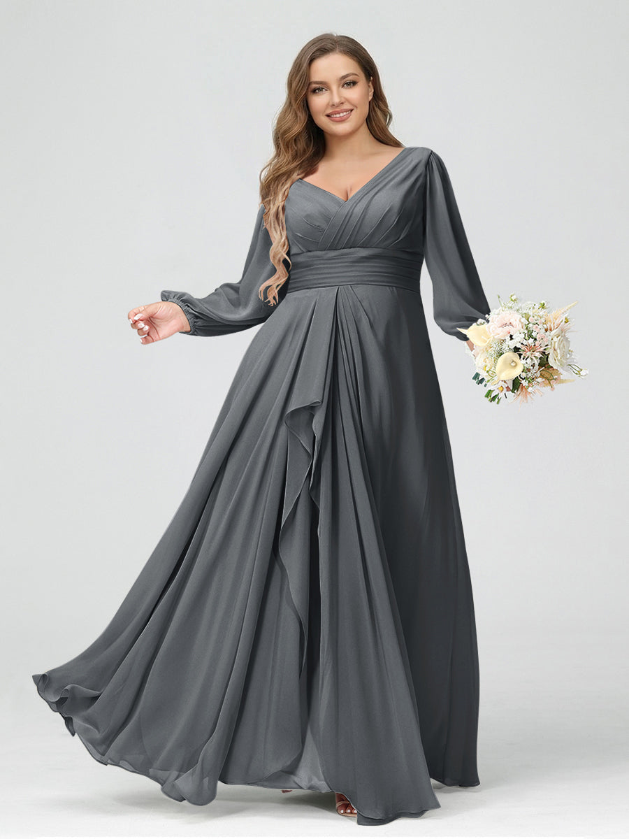 A-Line/Princess V-Neck Long Sleeves Chiffon Ruffles Plus Size Bridesmaid Dresses with Pockets Gray