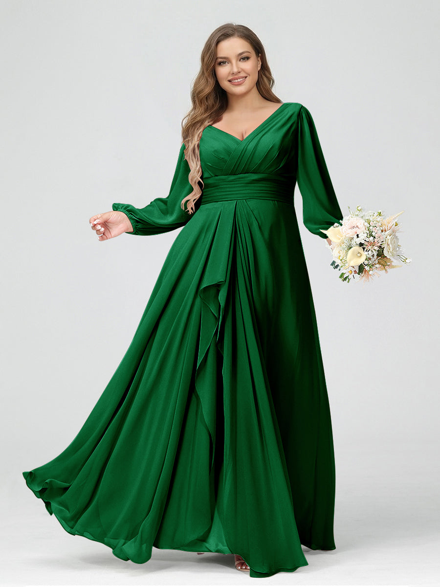 A-Line/Princess V-Neck Long Sleeves Chiffon Ruffles Plus Size Bridesmaid Dresses with Pockets Green