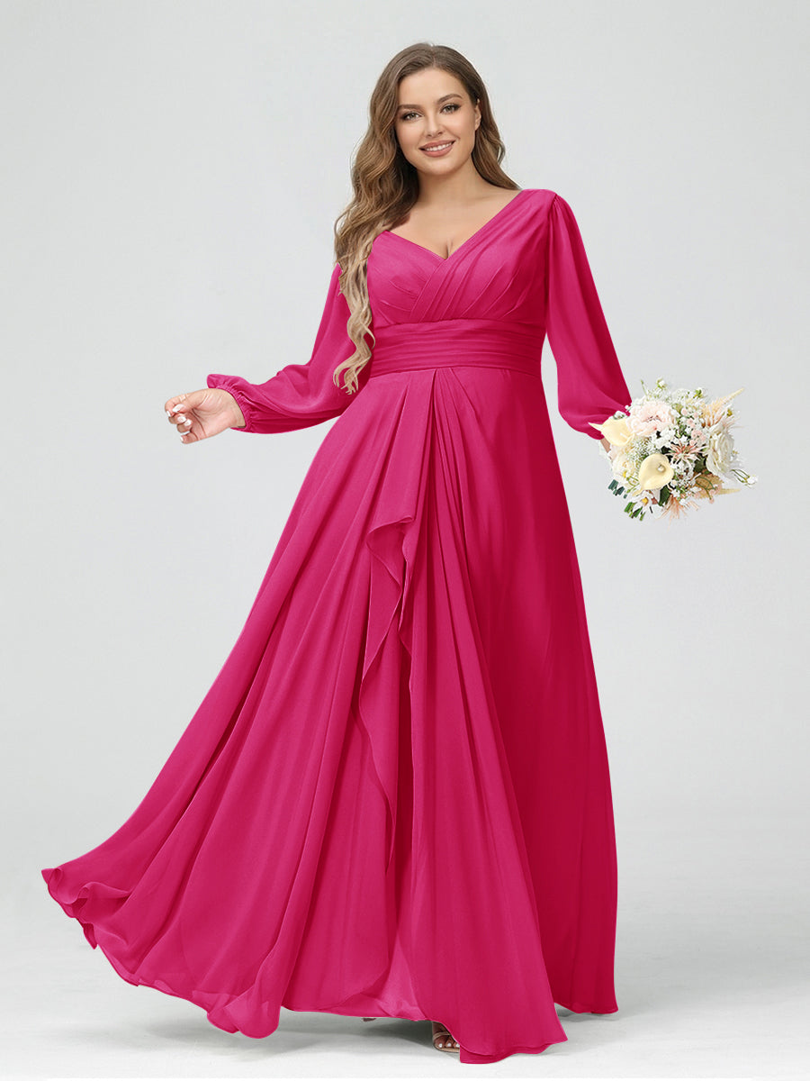 A-Line/Princess V-Neck Long Sleeves Chiffon Ruffles Plus Size Bridesmaid Dresses with Pockets Hot Pink