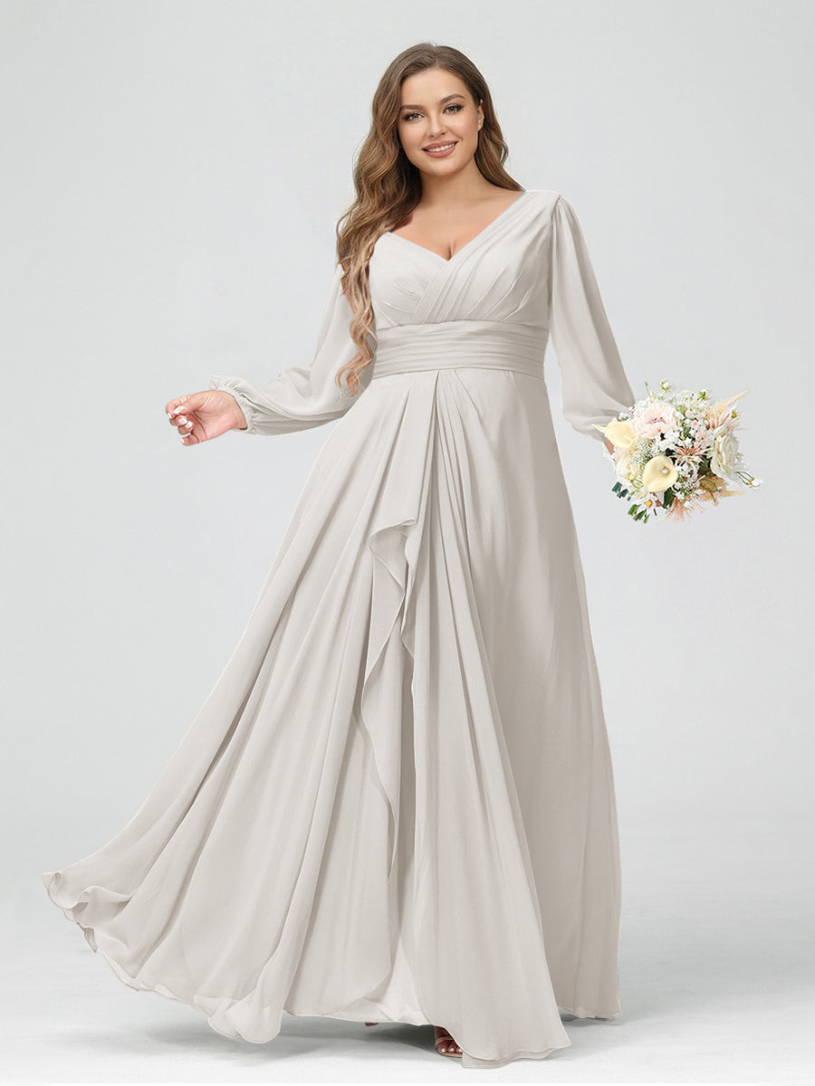 A-Line/Princess V-Neck Long Sleeves Chiffon Ruffles Plus Size Bridesmaid Dresses with Pockets Ivory