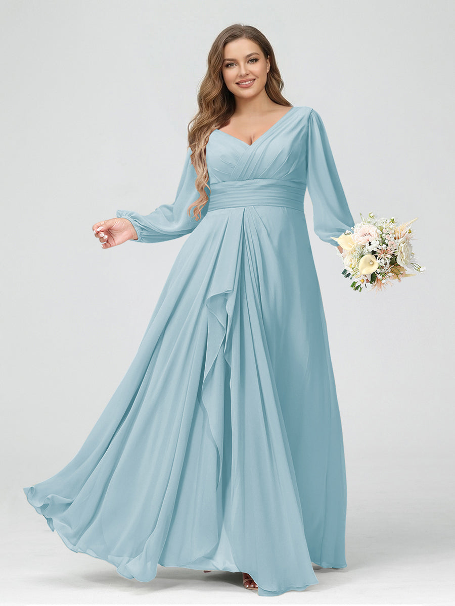 A-Line/Princess V-Neck Long Sleeves Chiffon Ruffles Plus Size Bridesmaid Dresses with Pockets Light Blue
