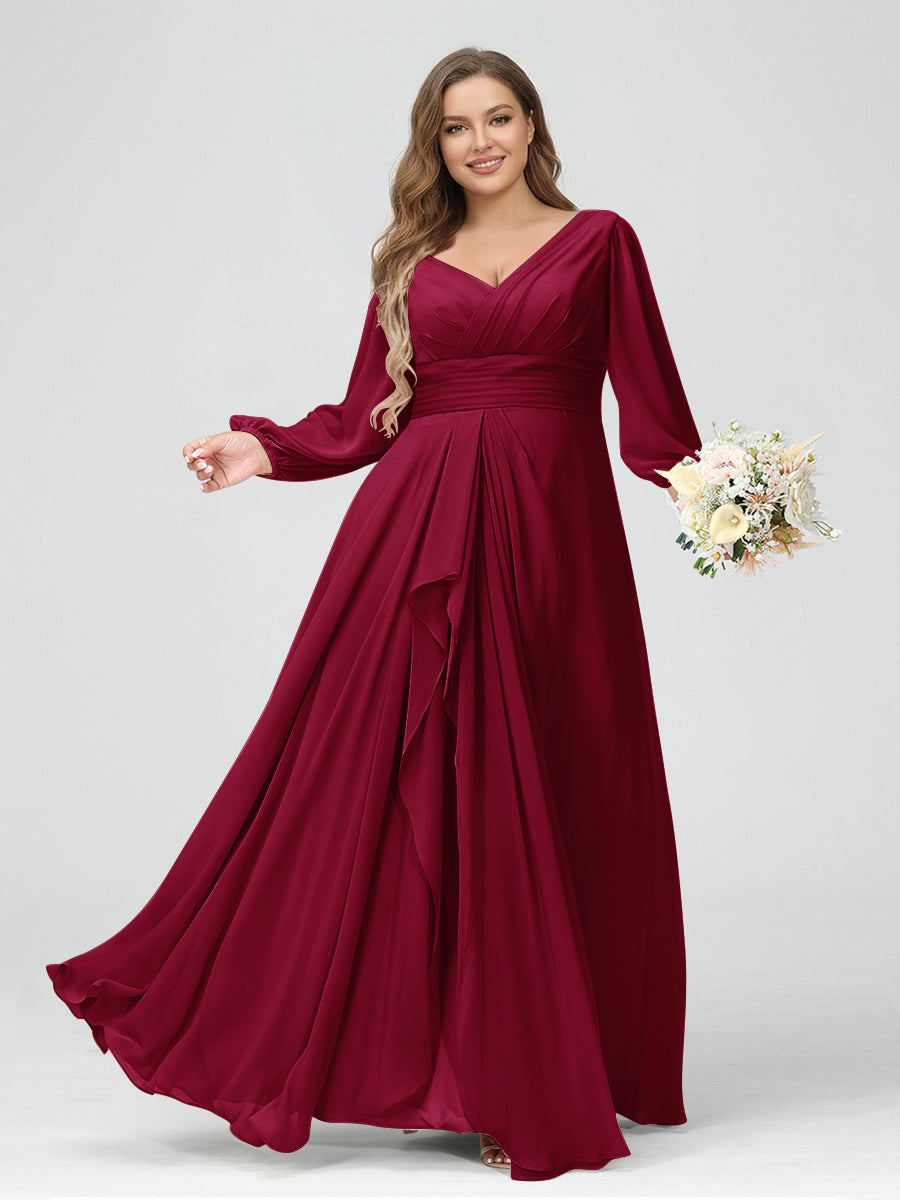 A-Line/Princess V-Neck Long Sleeves Chiffon Ruffles Plus Size Bridesmaid Dresses with Pockets Light Burgundy