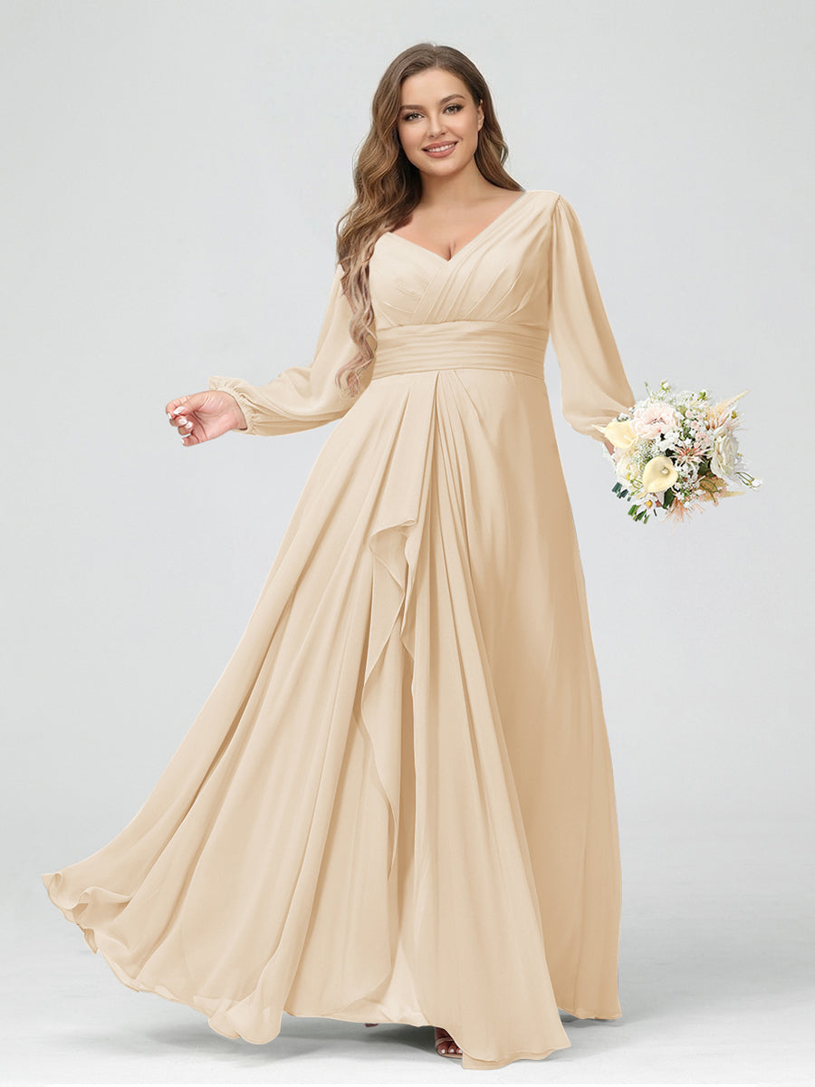 A-Line/Princess V-Neck Long Sleeves Chiffon Ruffles Plus Size Bridesmaid Dresses with Pockets Light Champagne
