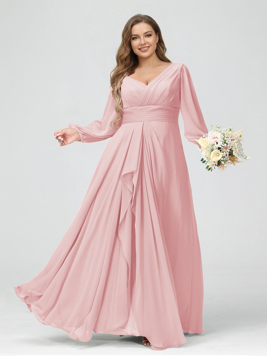 A-Line/Princess V-Neck Long Sleeves Chiffon Ruffles Plus Size Bridesmaid Dresses with Pockets Light Pink
