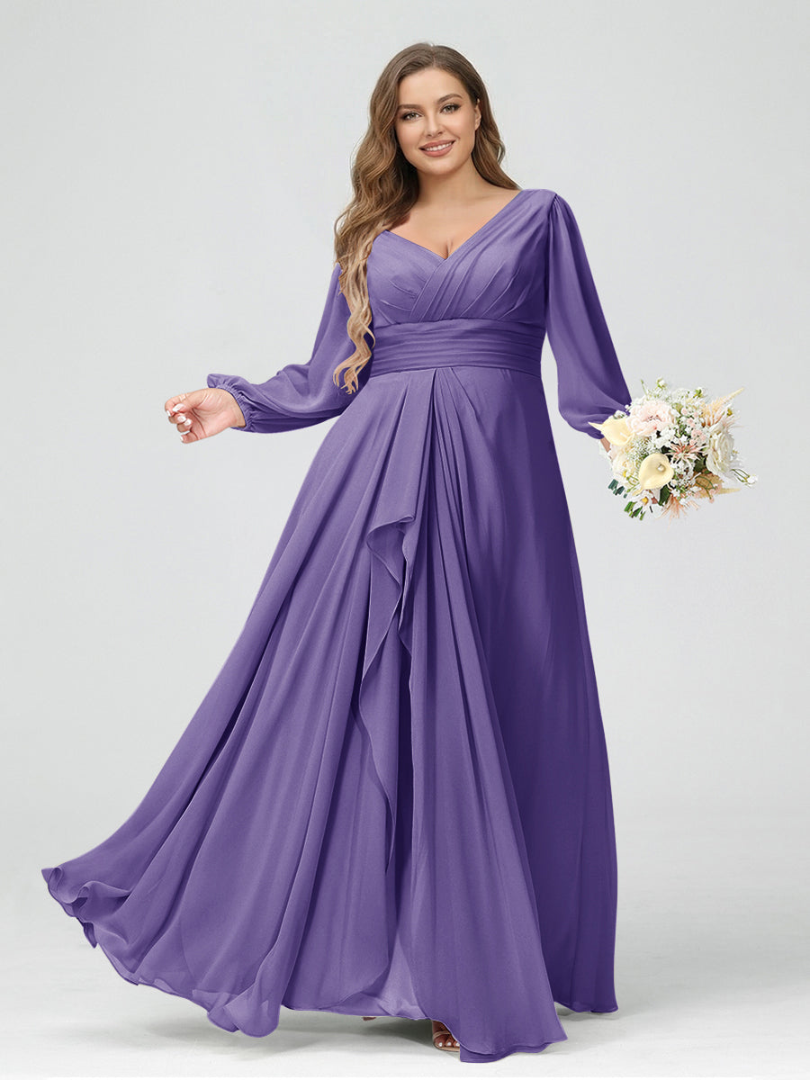 A-Line/Princess V-Neck Long Sleeves Chiffon Ruffles Plus Size Bridesmaid Dresses with Pockets Light Purple