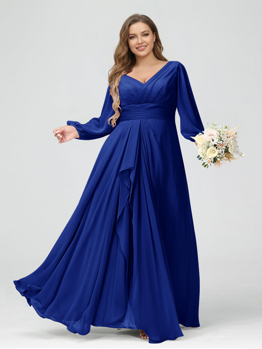 A-Line/Princess V-Neck Long Sleeves Chiffon Ruffles Plus Size Bridesmaid Dresses with Pockets Light Royal Blue