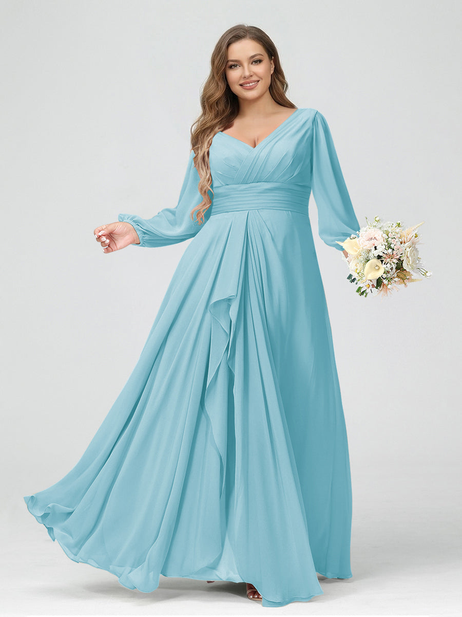 A-Line/Princess V-Neck Long Sleeves Chiffon Ruffles Plus Size Bridesmaid Dresses with Pockets Light Sky Blue