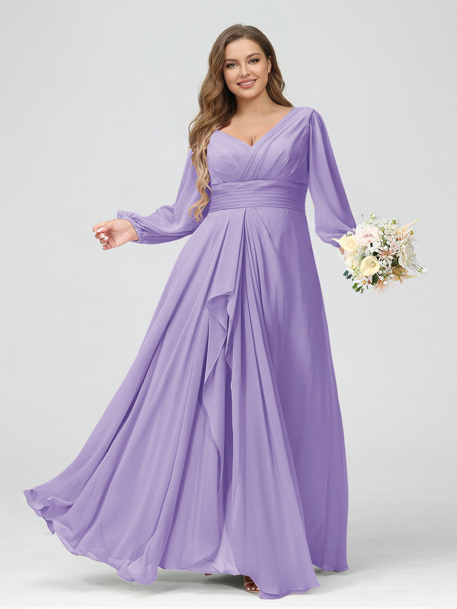 A-Line/Princess V-Neck Long Sleeves Chiffon Ruffles Plus Size Bridesmaid Dresses with Pockets Lilac