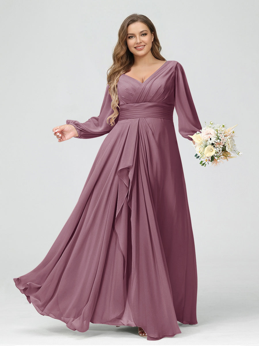 A-Line/Princess V-Neck Long Sleeves Chiffon Ruffles Plus Size Bridesmaid Dresses with Pockets Mauve