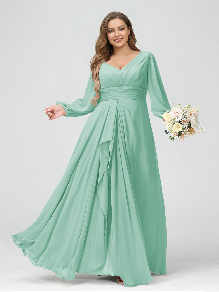 A-Line/Princess V-Neck Long Sleeves Chiffon Ruffles Plus Size Bridesmaid Dresses with Pockets Mint Green