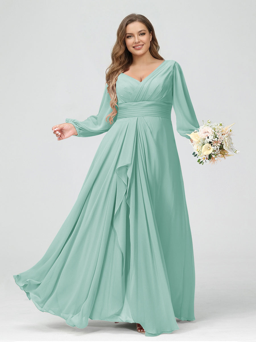 A-Line/Princess V-Neck Long Sleeves Chiffon Ruffles Plus Size Bridesmaid Dresses with Pockets Mist Blue