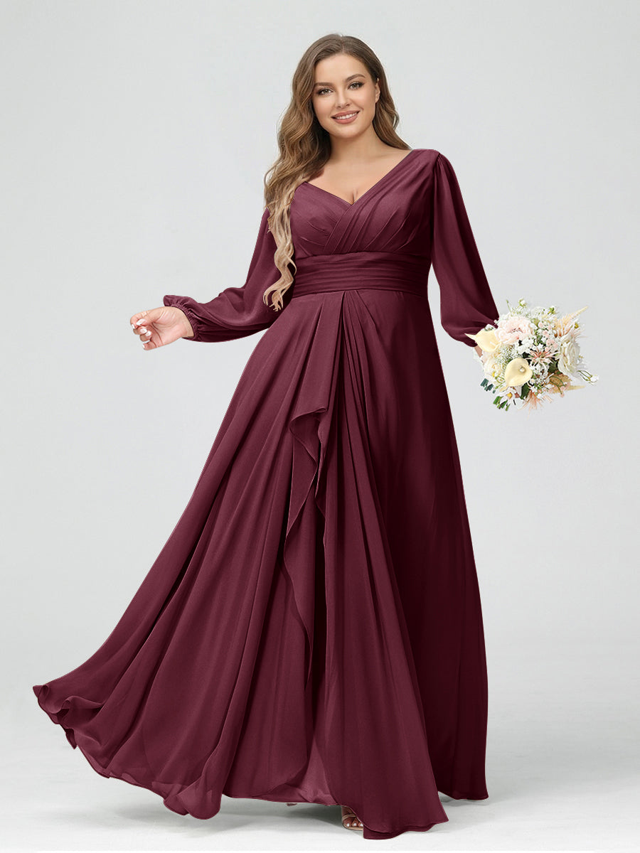 A-Line/Princess V-Neck Long Sleeves Chiffon Ruffles Plus Size Bridesmaid Dresses with Pockets Mulberry