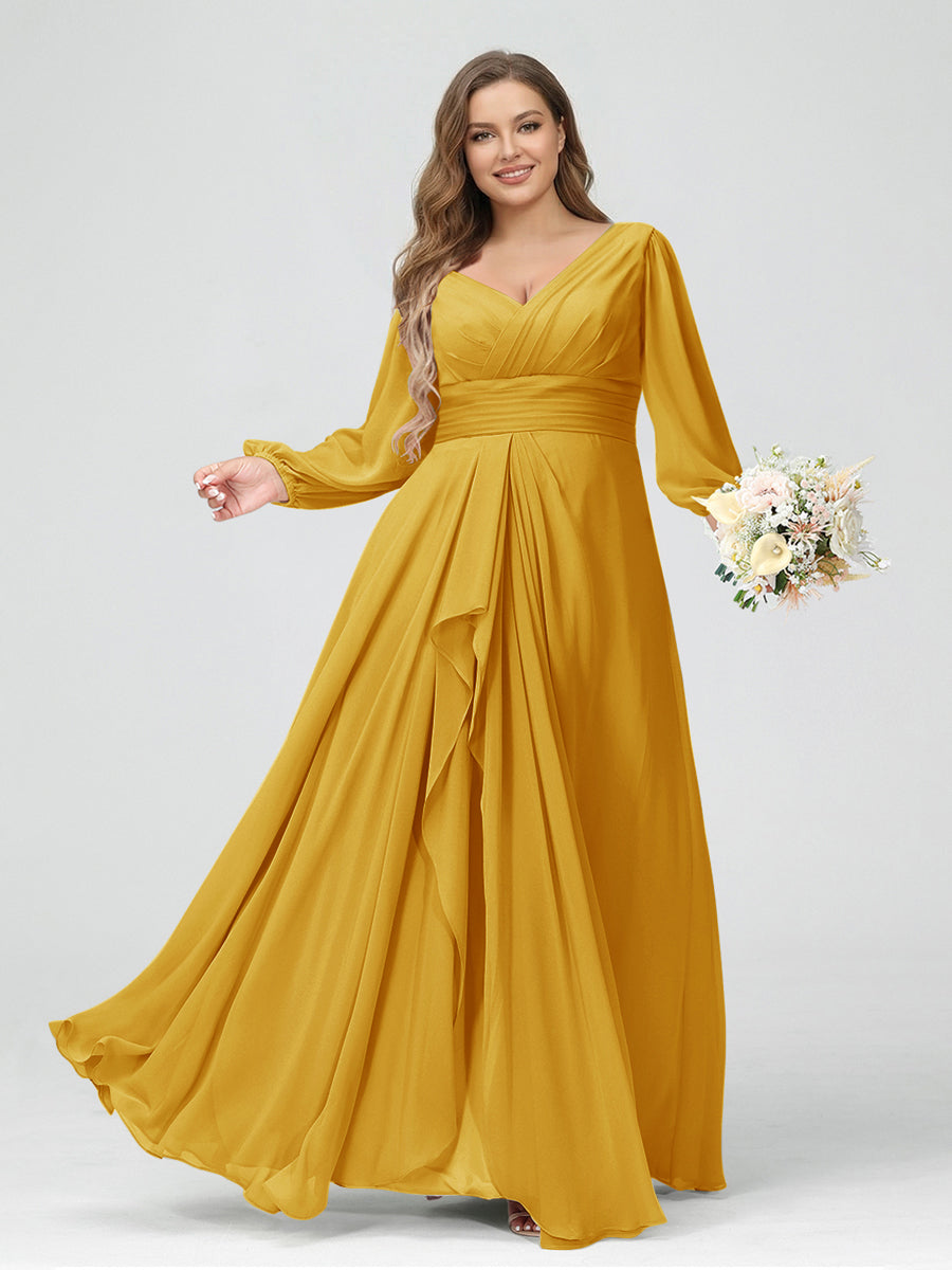 A-Line/Princess V-Neck Long Sleeves Chiffon Ruffles Plus Size Bridesmaid Dresses with Pockets Mustard Yellow