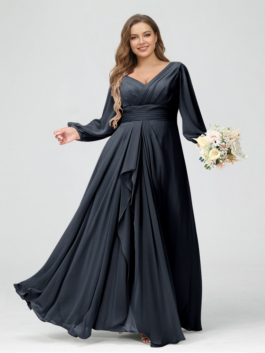 A-Line/Princess V-Neck Long Sleeves Chiffon Ruffles Plus Size Bridesmaid Dresses with Pockets Navy Blue