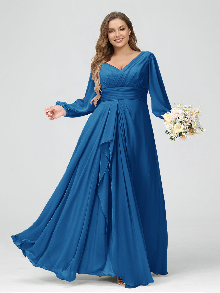 A-Line/Princess V-Neck Long Sleeves Chiffon Ruffles Plus Size Bridesmaid Dresses with Pockets Ocean Blue