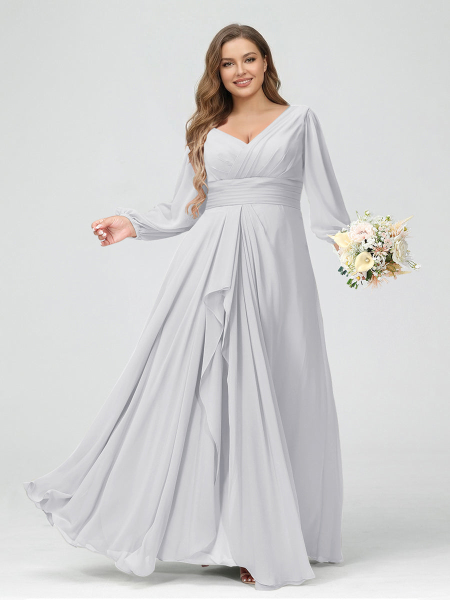A-Line/Princess V-Neck Long Sleeves Chiffon Ruffles Plus Size Bridesmaid Dresses with Pockets Off White