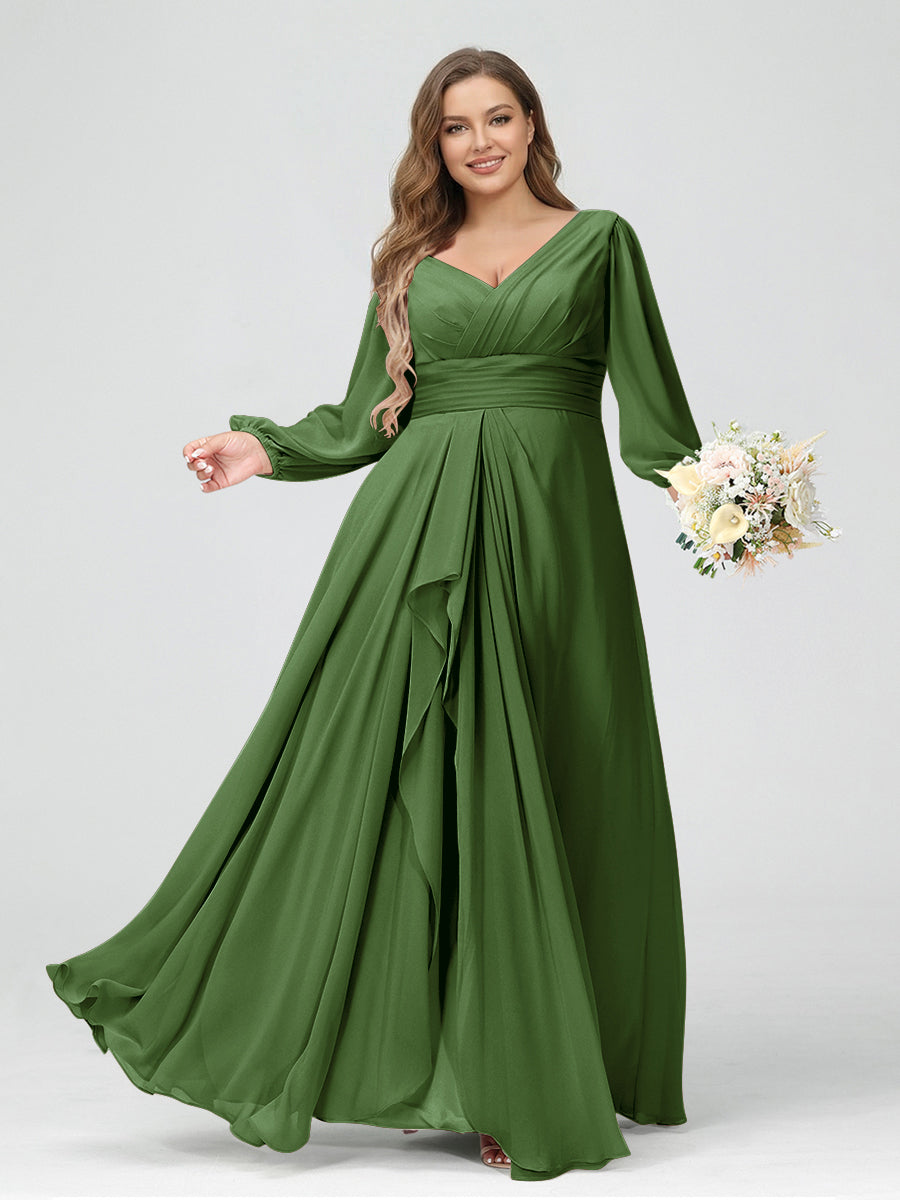 A-Line/Princess V-Neck Long Sleeves Chiffon Ruffles Plus Size Bridesmaid Dresses with Pockets Olive Green